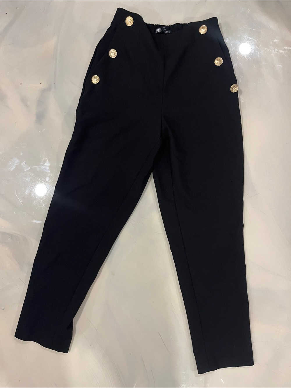 Zara Black Straight-Leg Pants with Gold Button Detail
